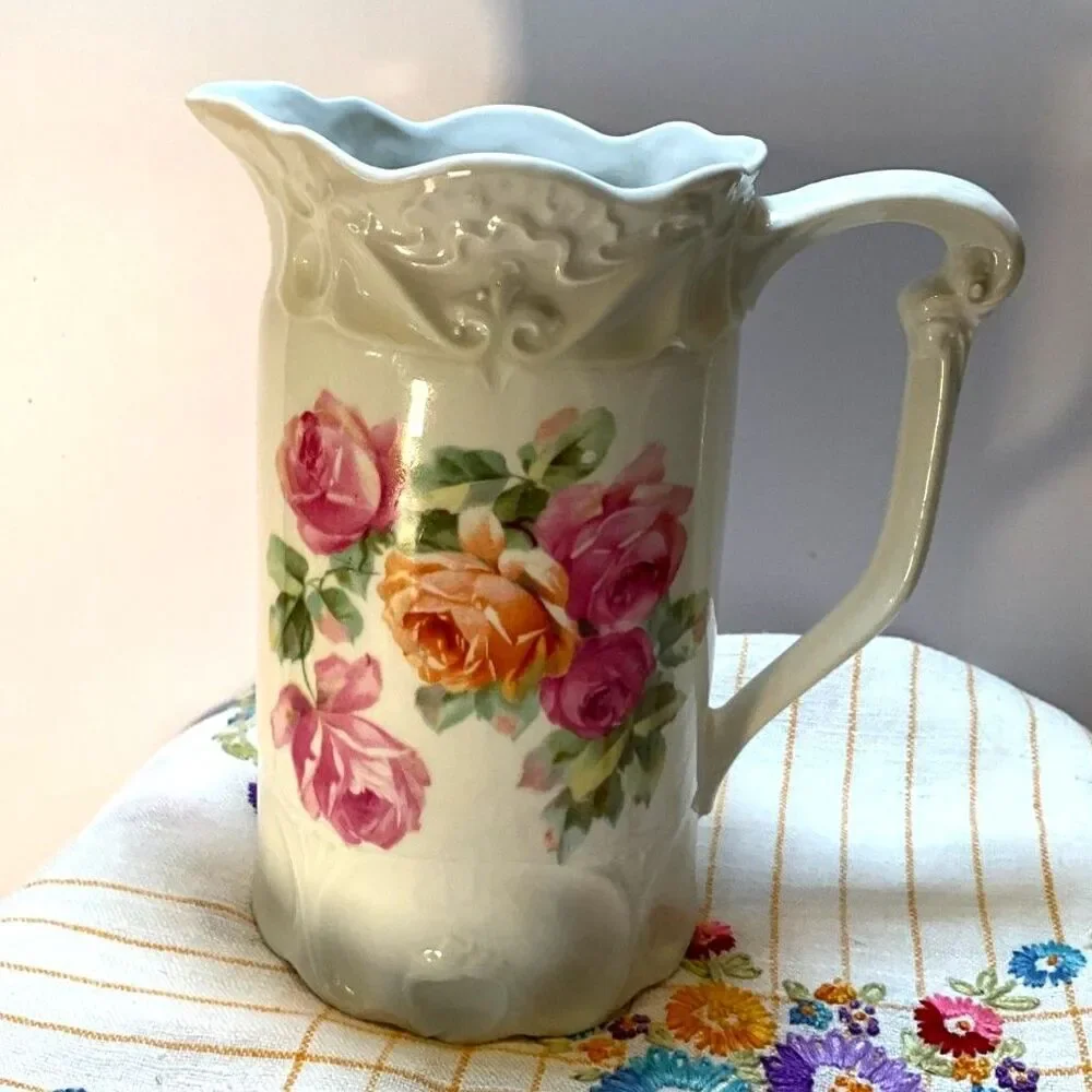 Stunning Shabby Chic vintage china water pitcher; incredible roses; Germany